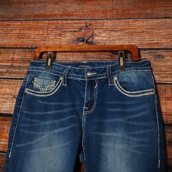 Vigoss Jeans Size 10 Boot Cut Mid Rise Embellished Dark Blue Denim Stretch - Picture 4 of 11